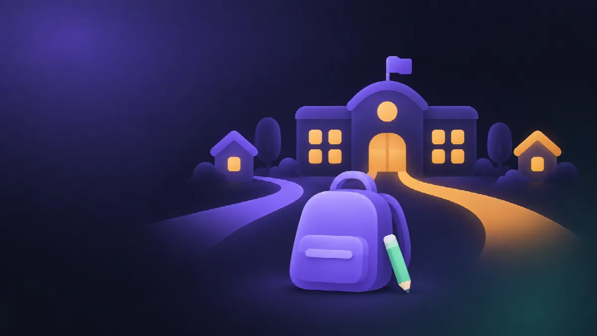 Un cartable devant une école, où arrivent deux chemins, l'un violet, l'autre ambré.
