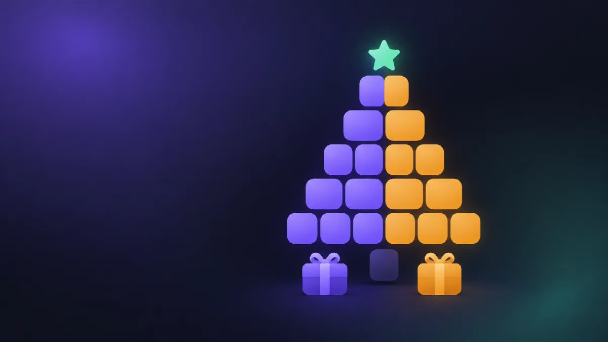 Un sapin de Noël fait de cases, moitié violet, moitié ambré, avec un cadeau de chaque couleur à son pied.
