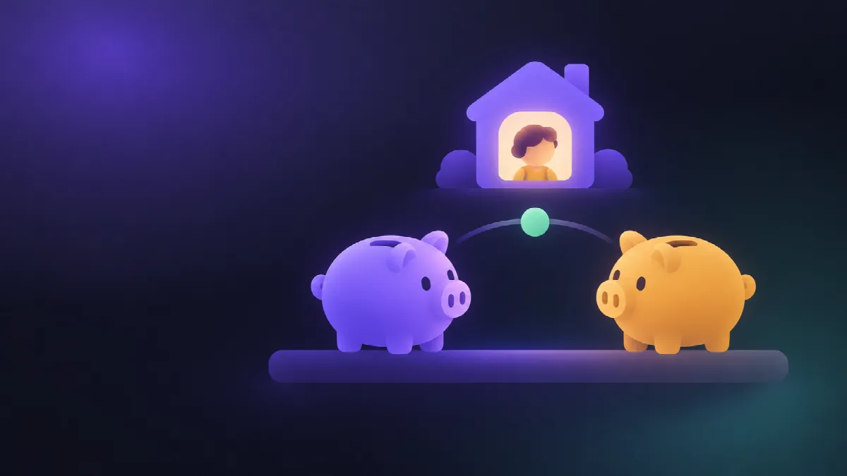 Deux tirelires, une violette et une ambrée, sous une maison où se tient un enfant.