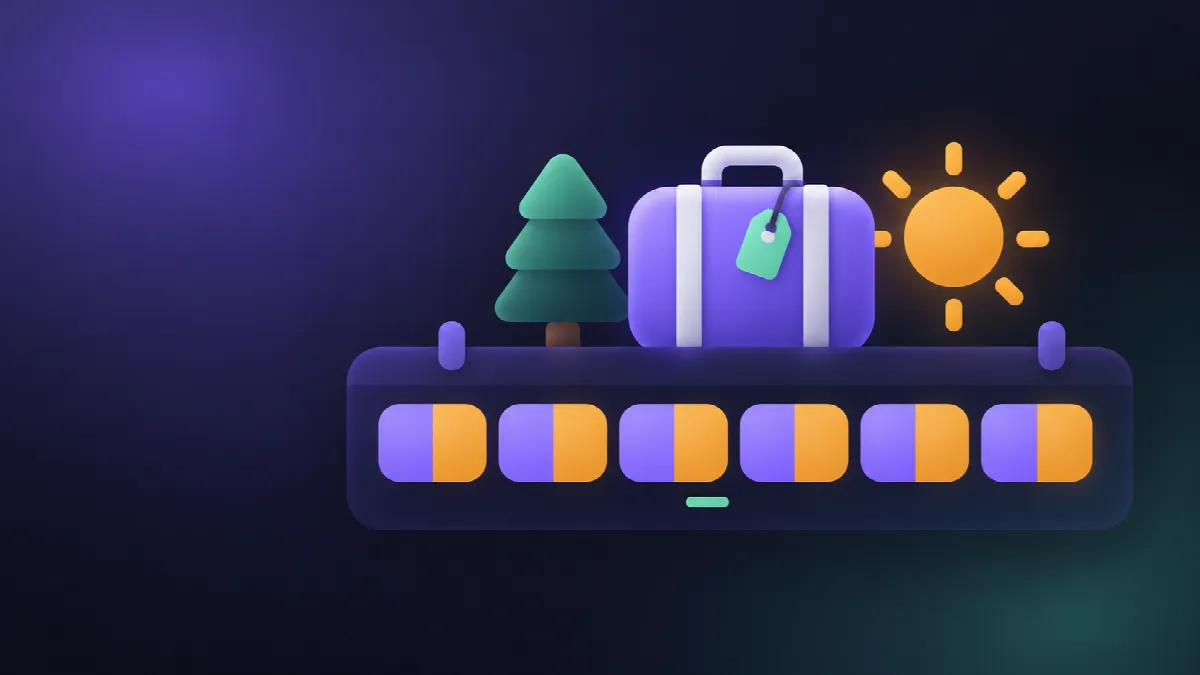 A tree, a suitcase and a sun on a calendar strip where each day is split between purple and amber.