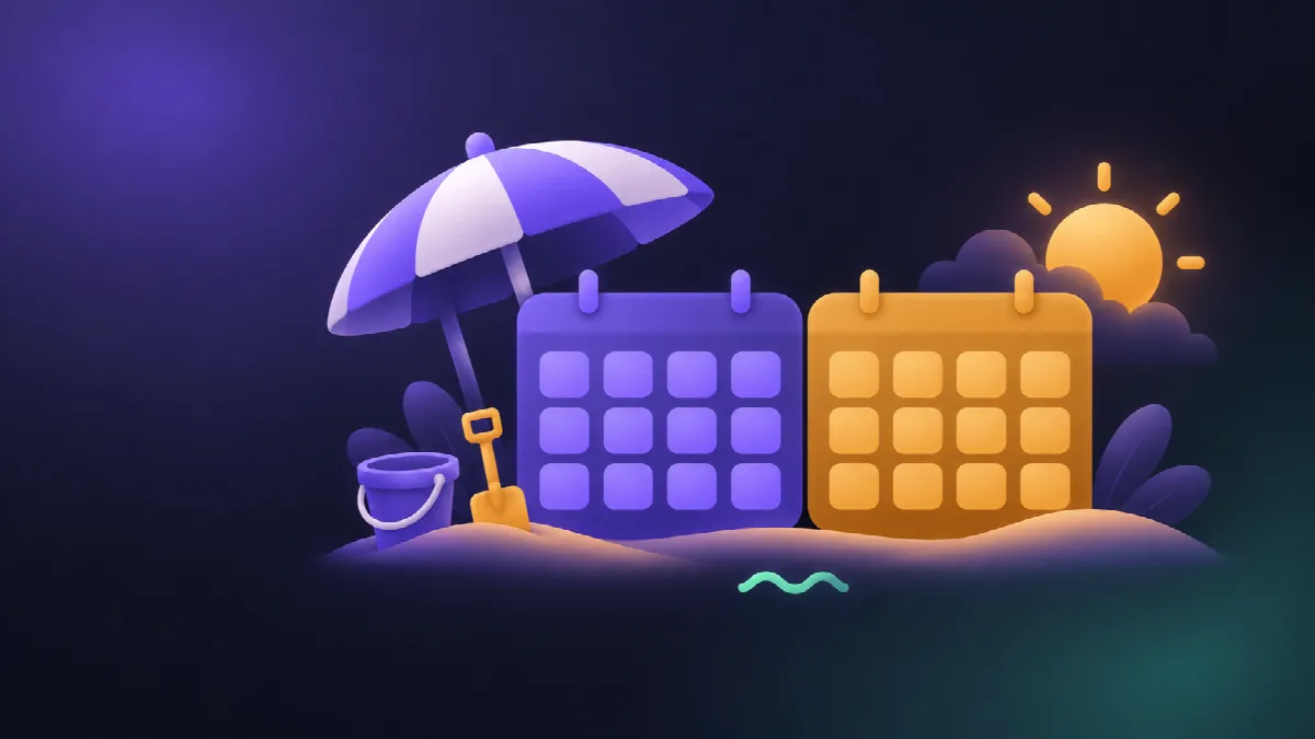 Une plage avec son parasol, un seau et une pelle, devant deux calendriers d'été, l'un violet, l'autre ambré.